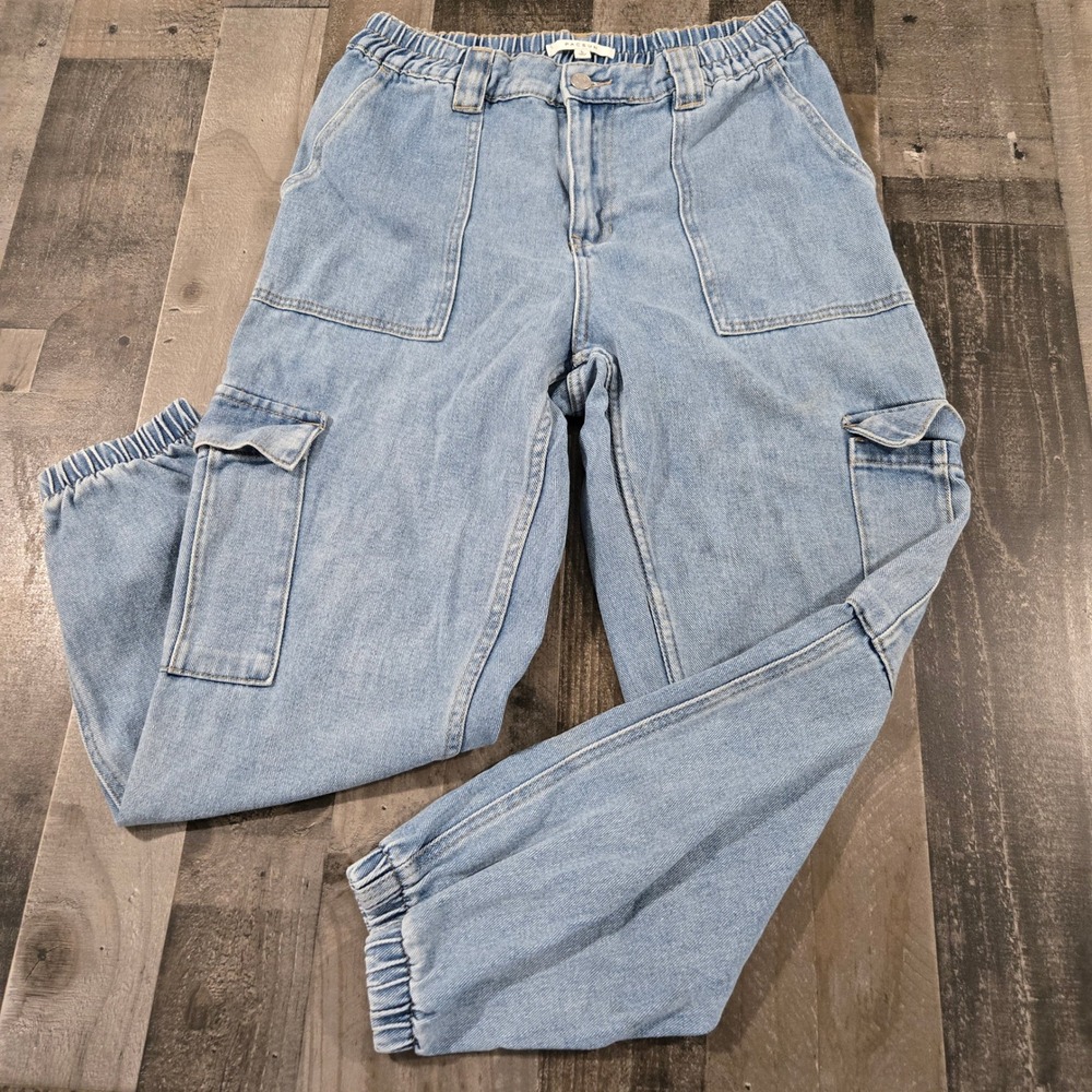 PacSun Denim Utility Cargo Jogger Pants Light Wash Y2K Elastic Waist Size Large